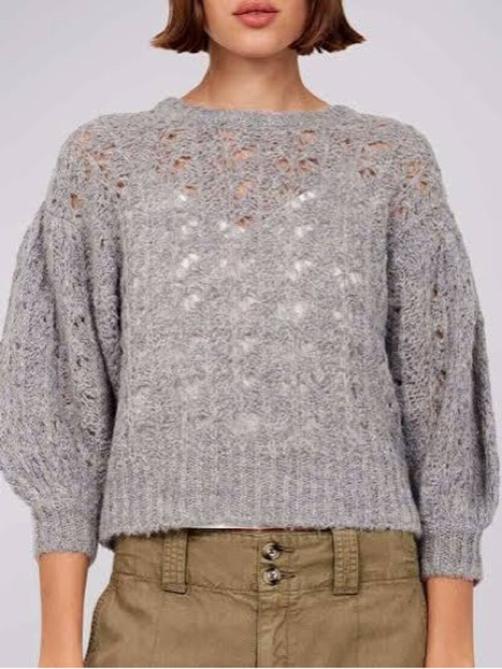Joie Concetta Sweater Heather Gray Open-Knit Balloon Sleeve Size Large
